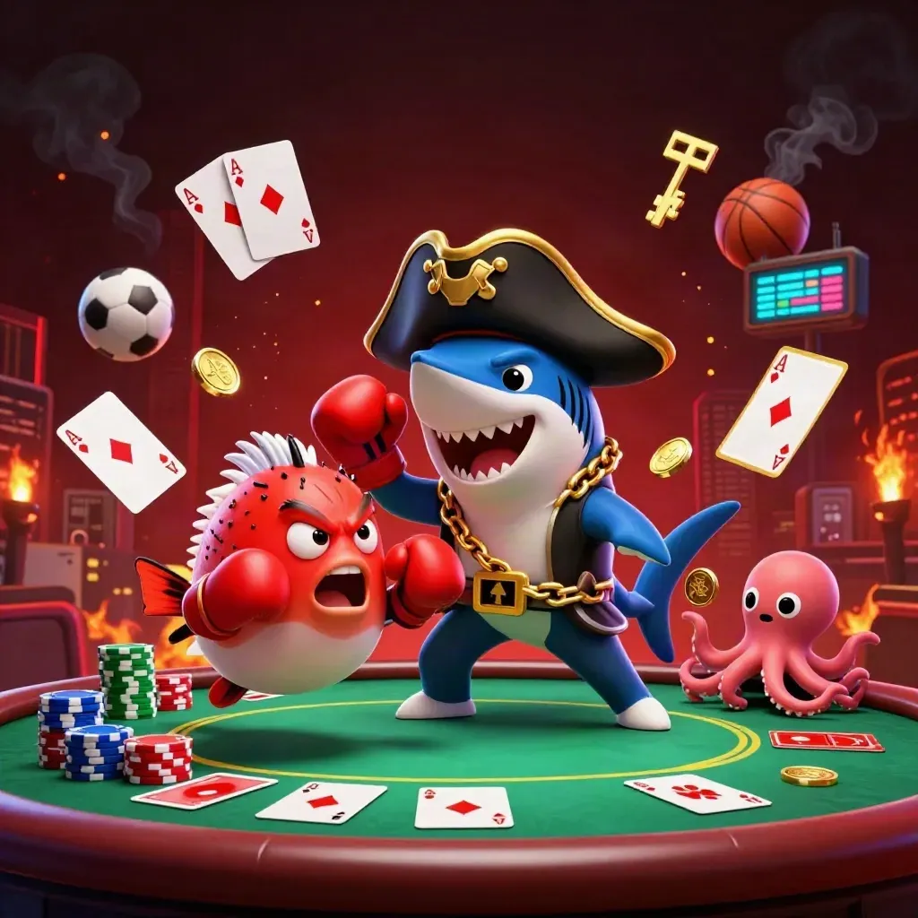 Pirate shark, boxing pufferfish, and coin-juggling octopus amid poker chips and neon casino lights.