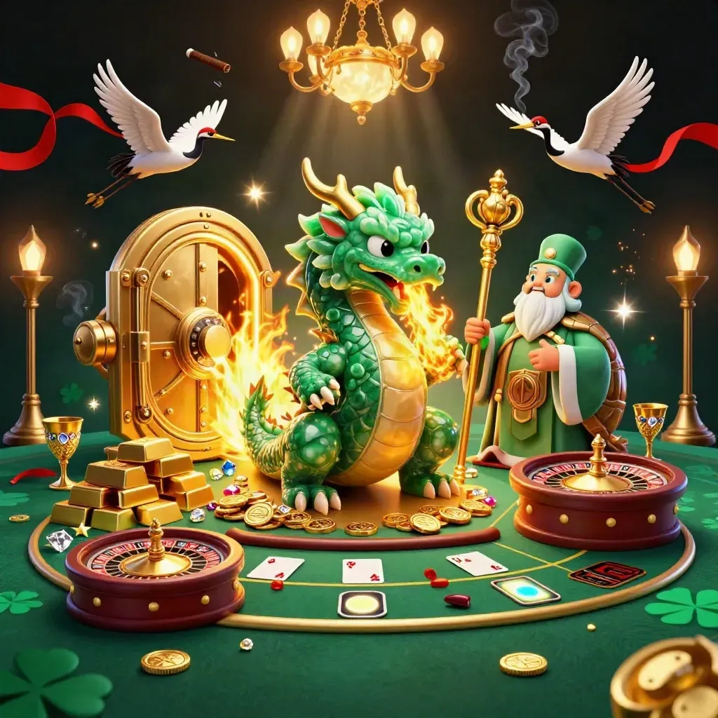 Emerald dragon, turtle sage and cranes in a neon casino vault room with gold fire and light.