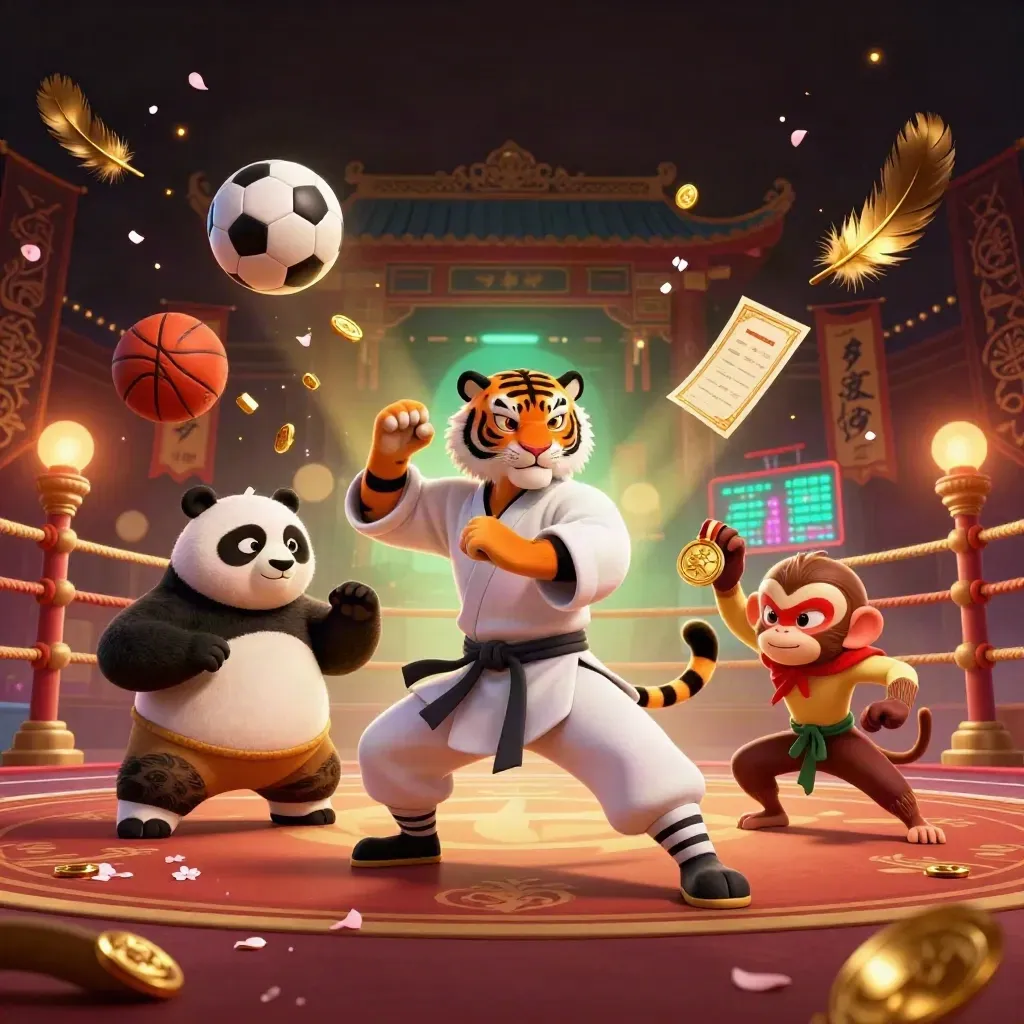 Kung-fu tiger, panda, and monkey amid soccer and basketball in a neon casino temple arena.