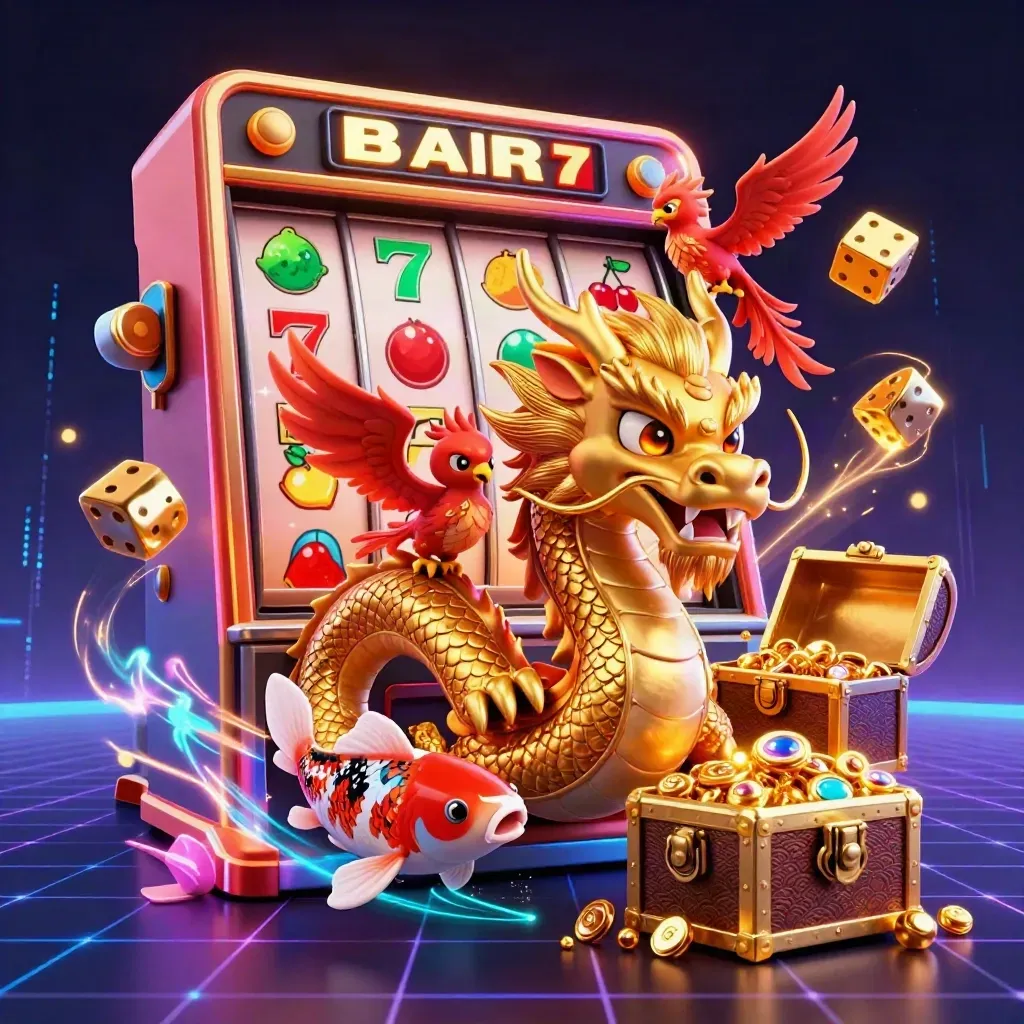 Golden dragon, red phoenix, and koi explode around a glowing slot machine and treasure chest.