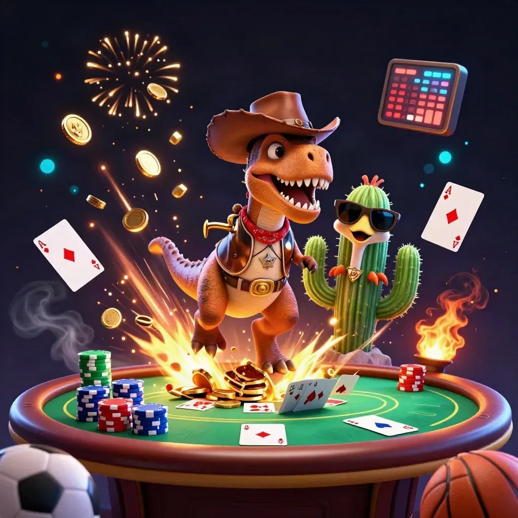 Cowboy T-Rex, cactus and roadrunner amid casino chips, cards and a vault burst.
