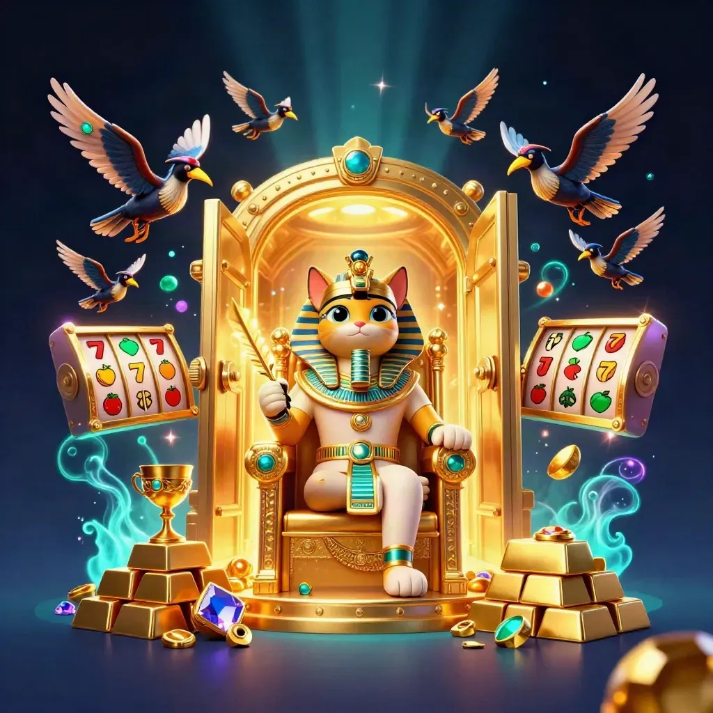 Pharaoh cat casino hero amid vault gold, ibis scribe, scarabs, cyan glow and slot symbols.
