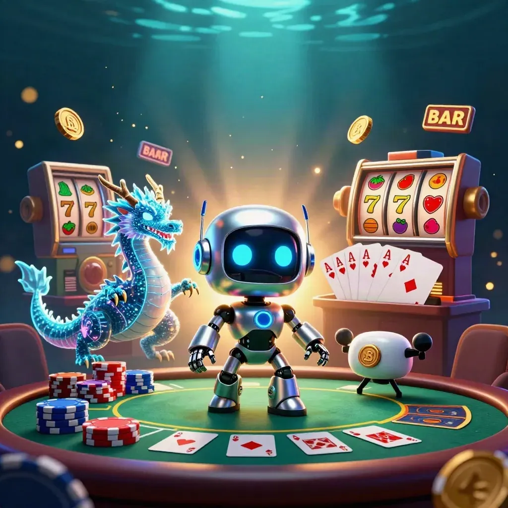 Cyberpunk robot, holographic dragon, and coin drone over blackjack chips and slot reels