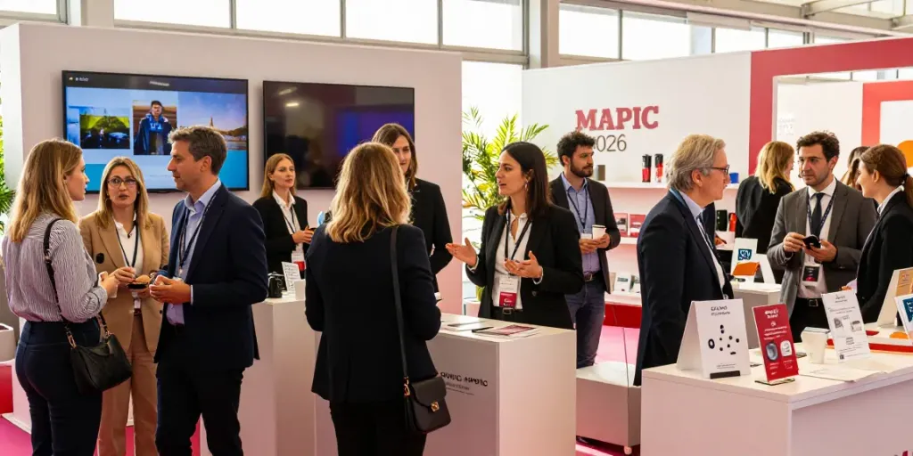 Professionals networking at MAPIC 2026 retail conference in Cannes, showcasing vibrant interactions and future retail insights.